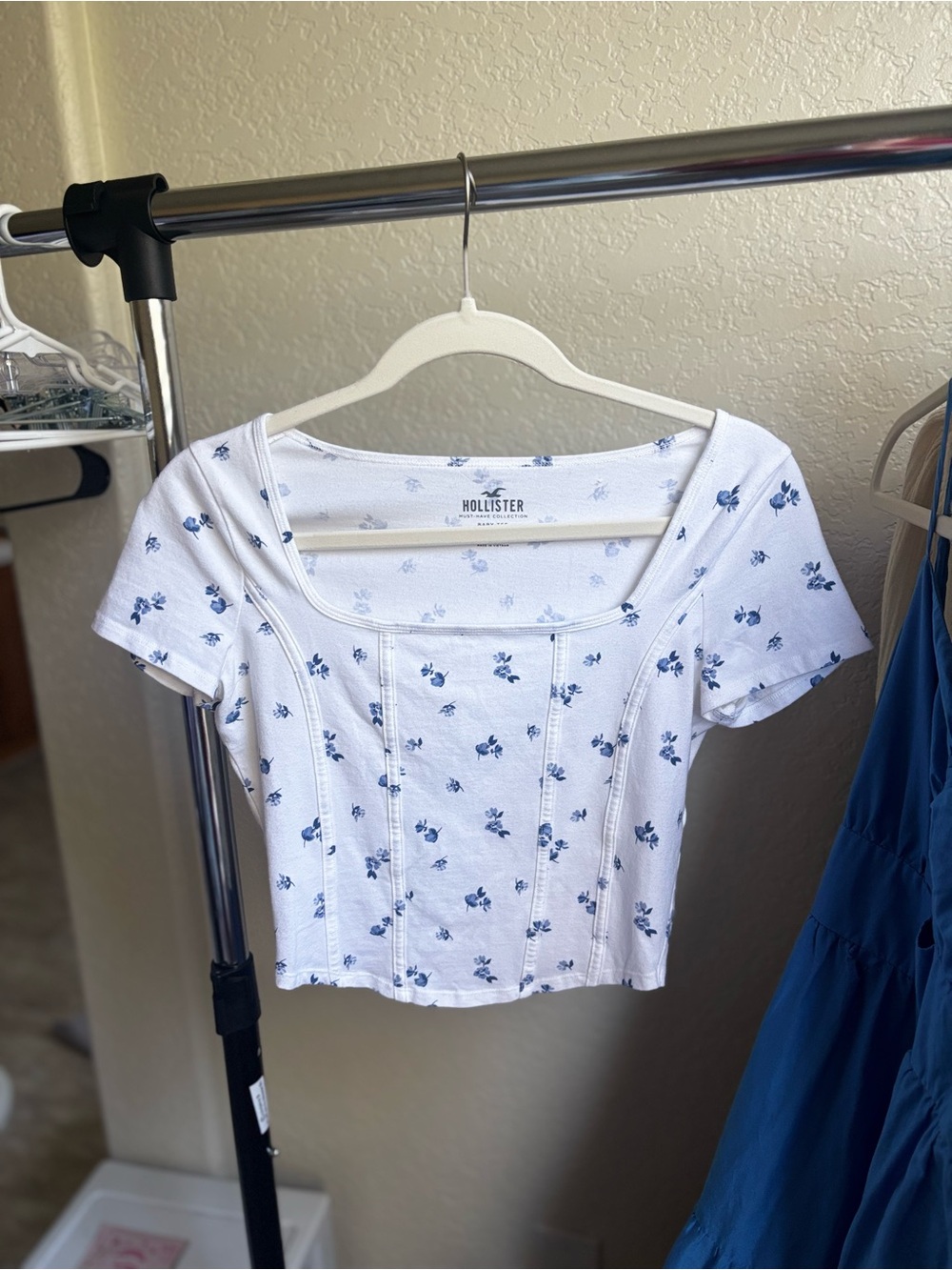 Hollister White Baby Tee with Blue Floral Print